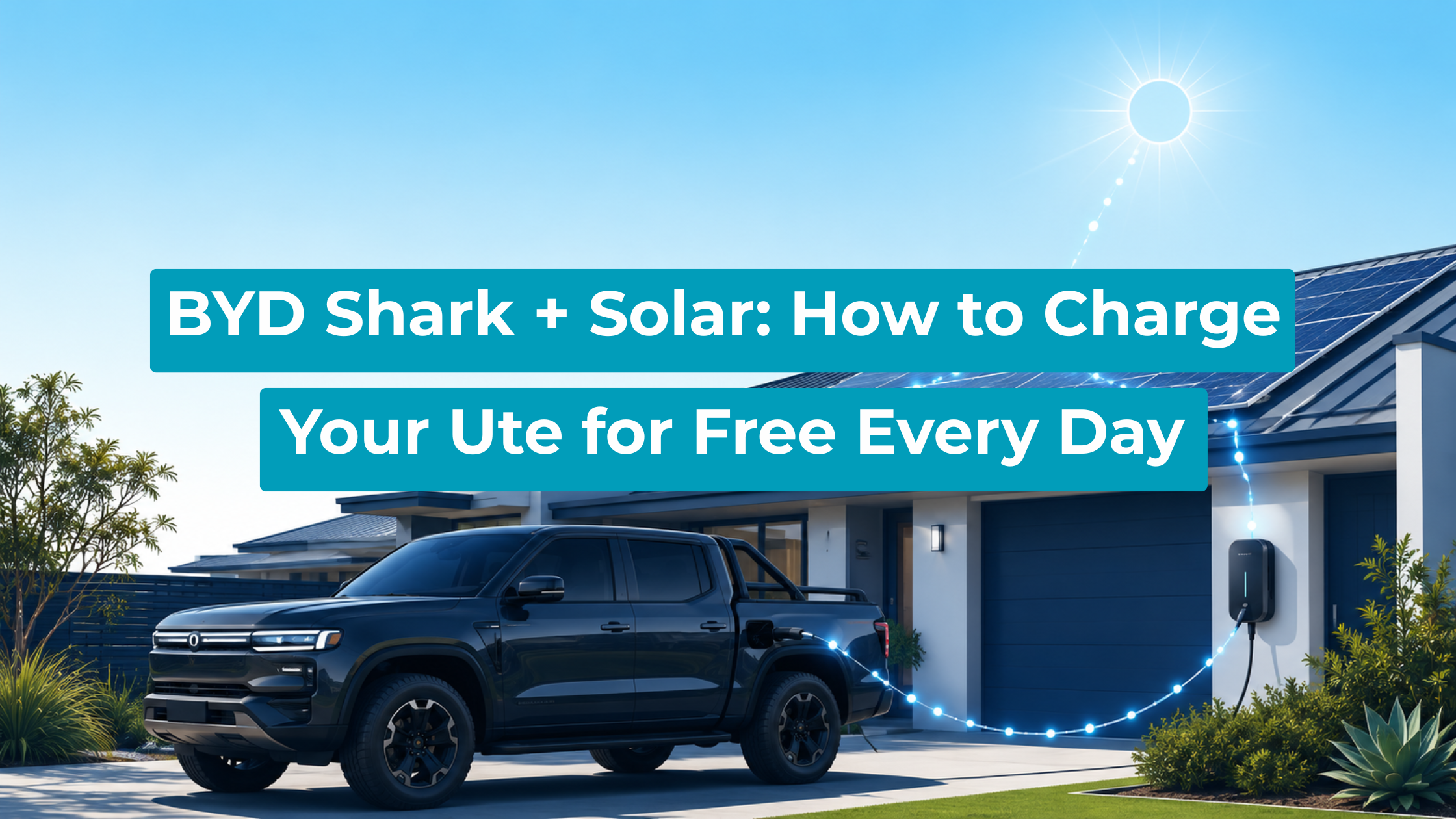 Modern Australian home with rooftop solar charging a dark ute in the driveway, with a glowing energy path showing sunlight powering everyday driving.