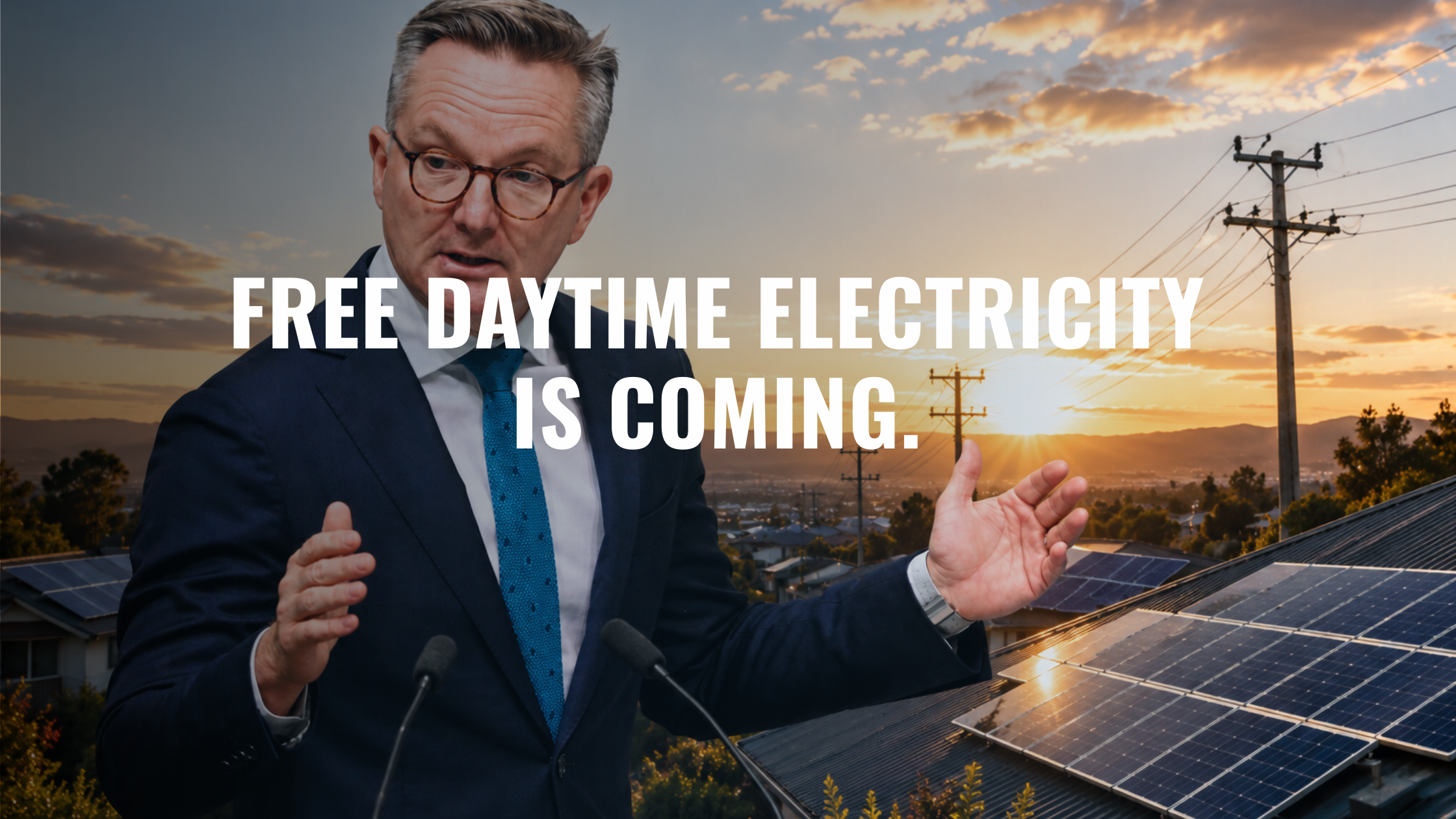 Chris Bowen speaking at podium with solar-covered rooftops, power poles and sunset skyline, highlighting Australia’s clean energy transition.