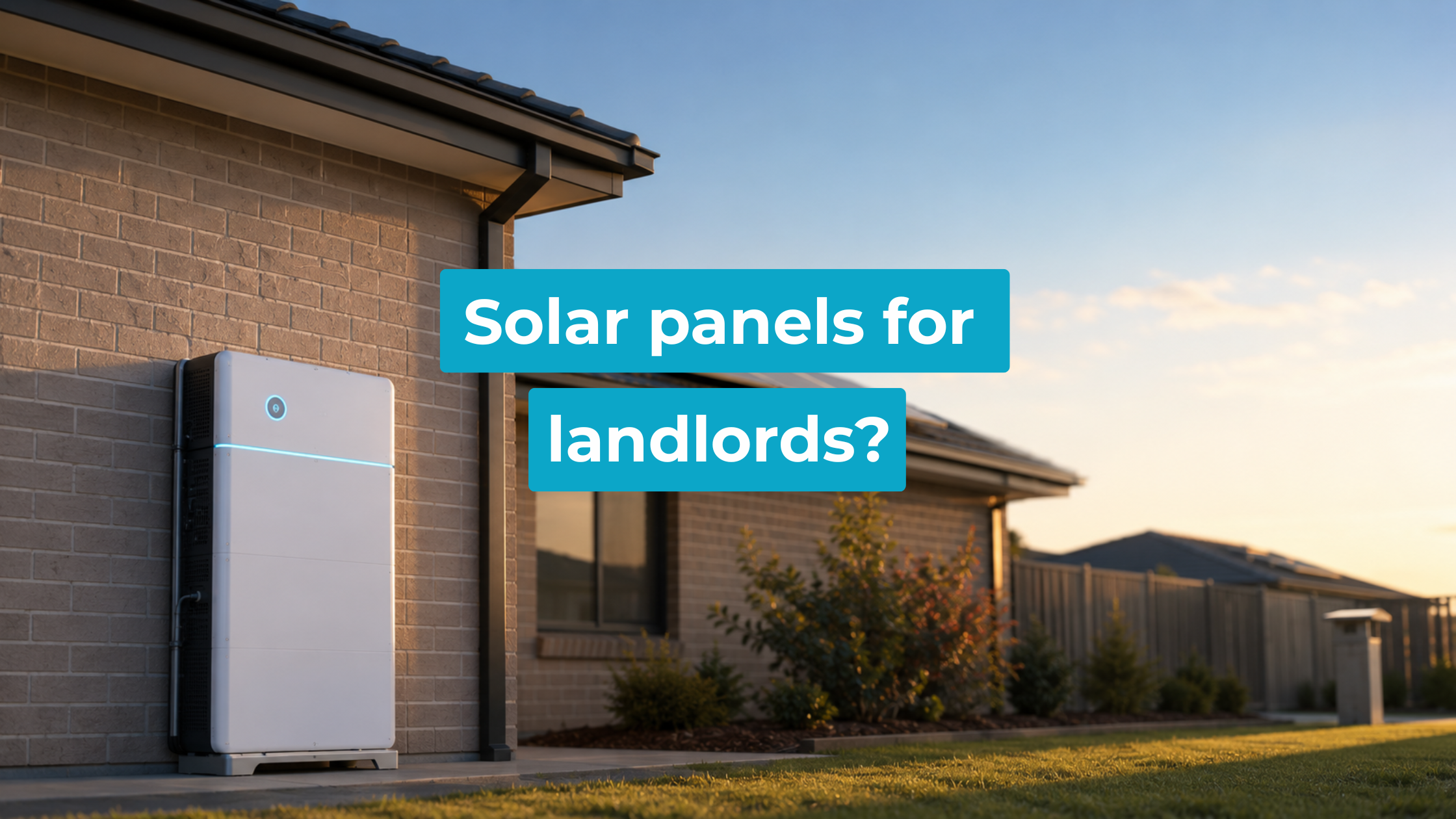 Solar battery mounted on a rental property exterior wall at dusk with rooftop solar panels visible