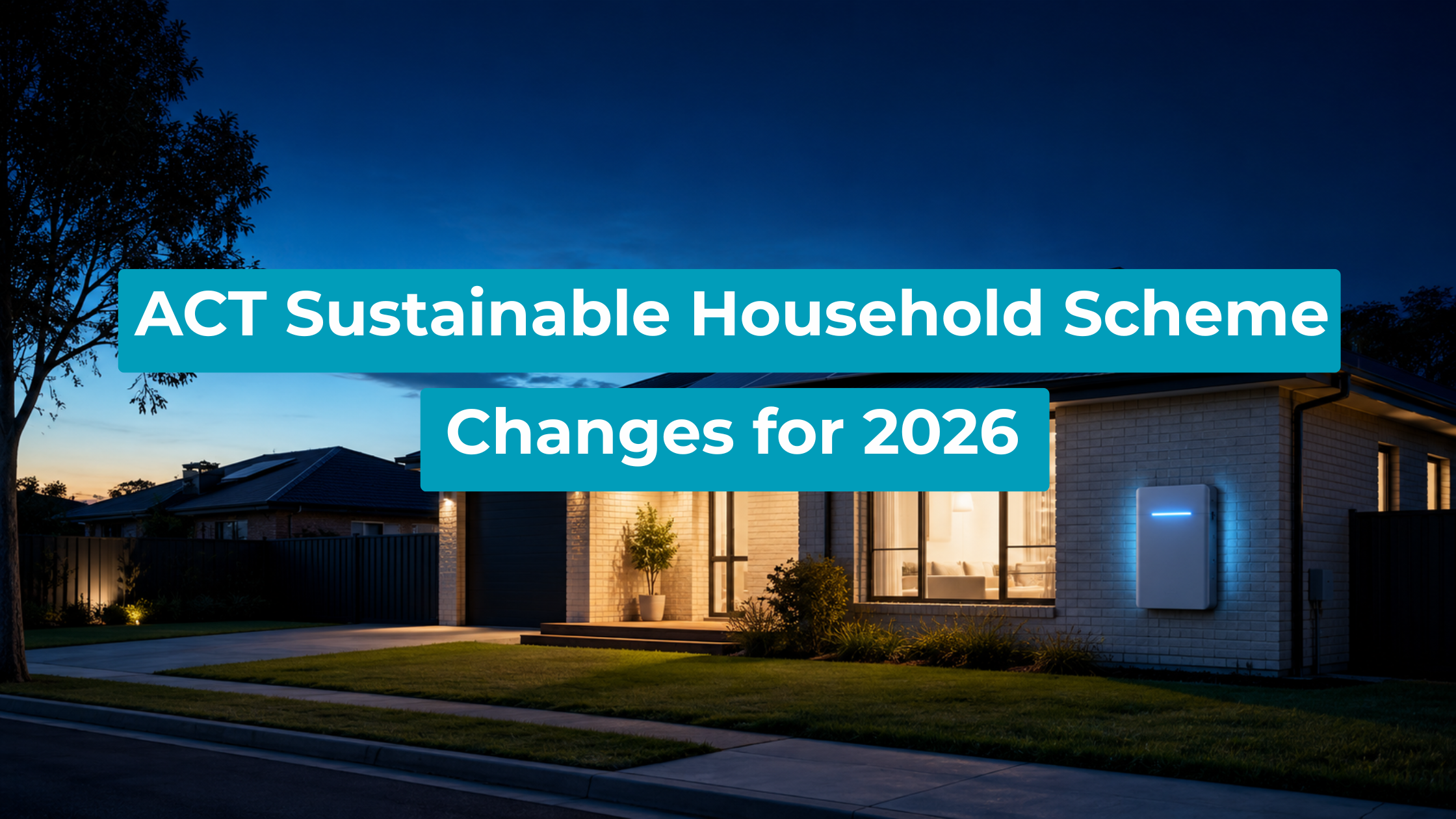 Warmly lit Australian suburban home at dusk with rooftop solar and a glowing home battery, symbolising comfort, energy independence and evening power security.