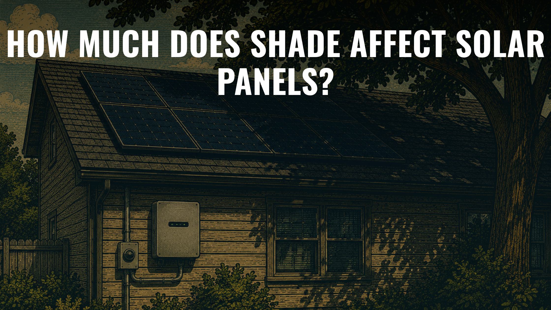 Vintage-style illustration of a house with rooftop solar panels partially shaded by a large tree, casting shadows across the roof and yard