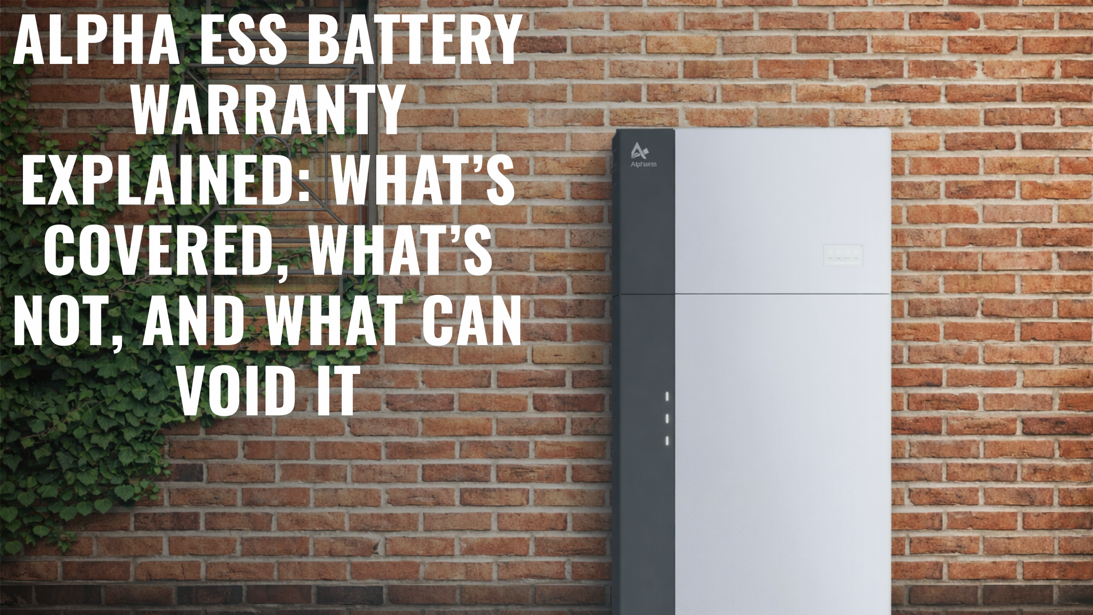 Home battery unit mounted against red brick wall with ivy, promotional text about Alpha ESS battery warranty coverage and exclusions