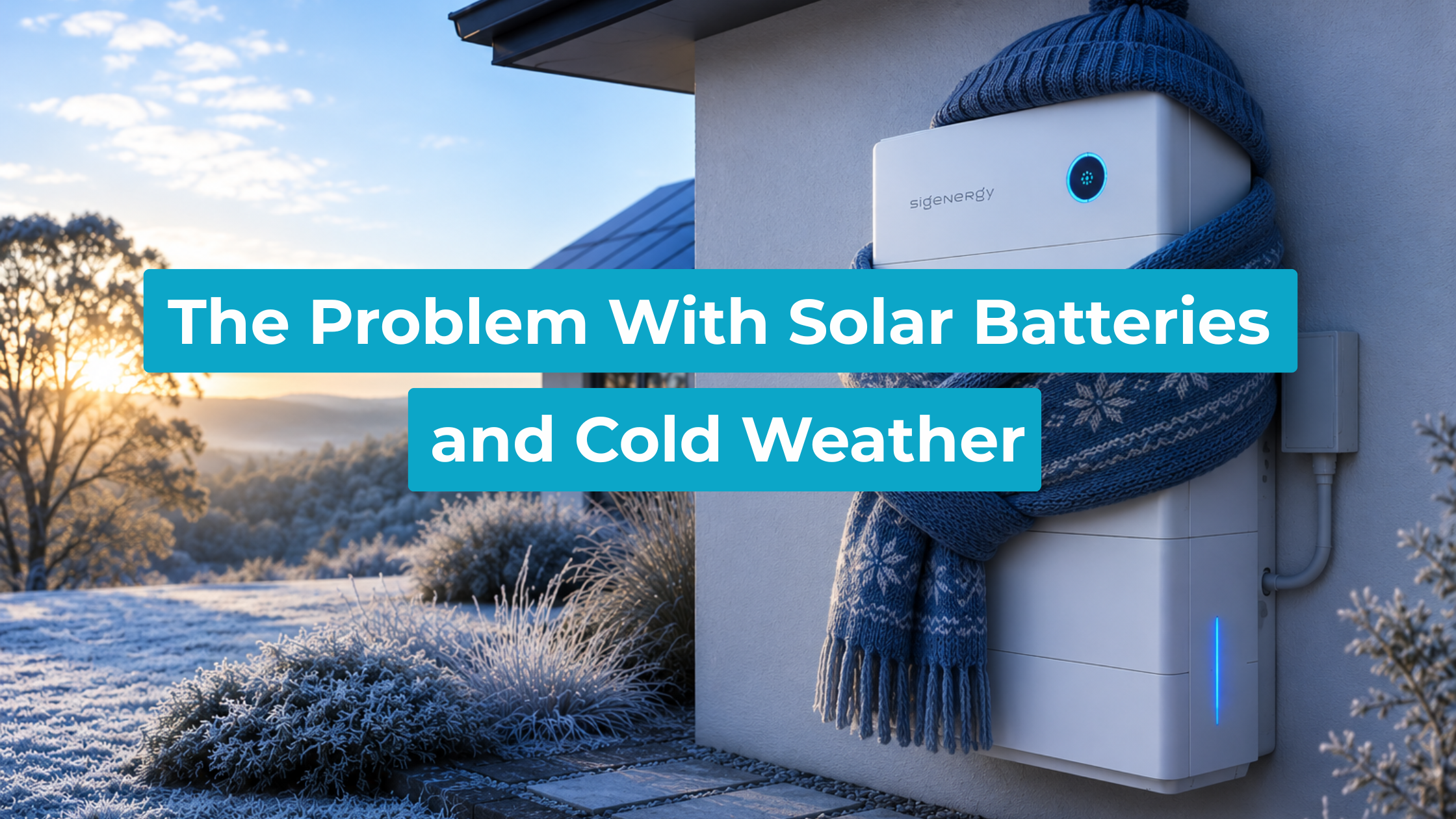 Home solar battery with a blanket and a beanie on it on an exterior wall on a frosty Australian morning, status light on.