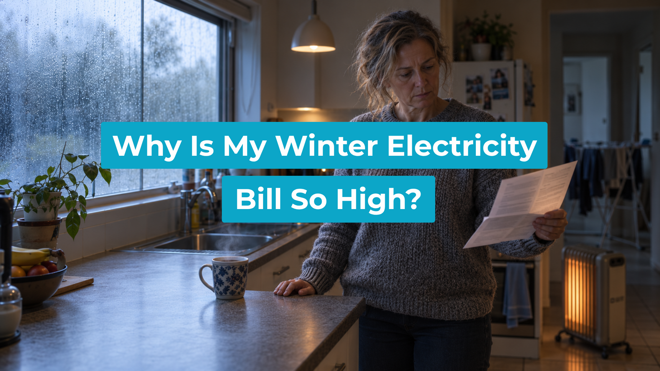 Article headline reading "Why Is My Winter Electricity Bill So High?" over a photo of a woman in a grey jumper standing at a kitchen bench on a cold morning, reading a paper electricity bill held out to her right. Rain runs down the window beside her, a mug of tea steams on the bench, and an oil column heater glows in the corner.