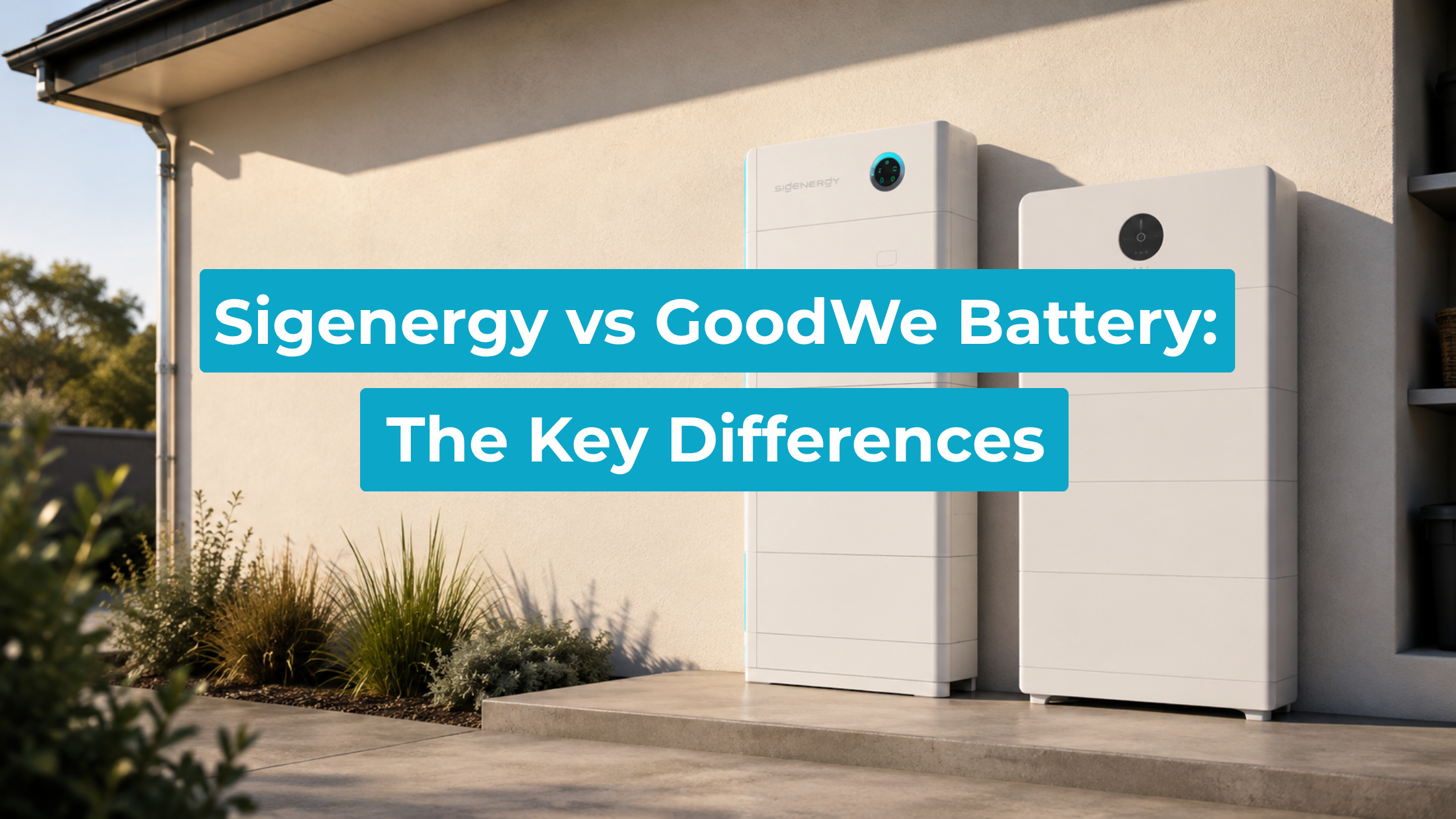 Sigenergy vs Goodwe standing side by side against a rendered wall of an Australian home in late afternoon light.