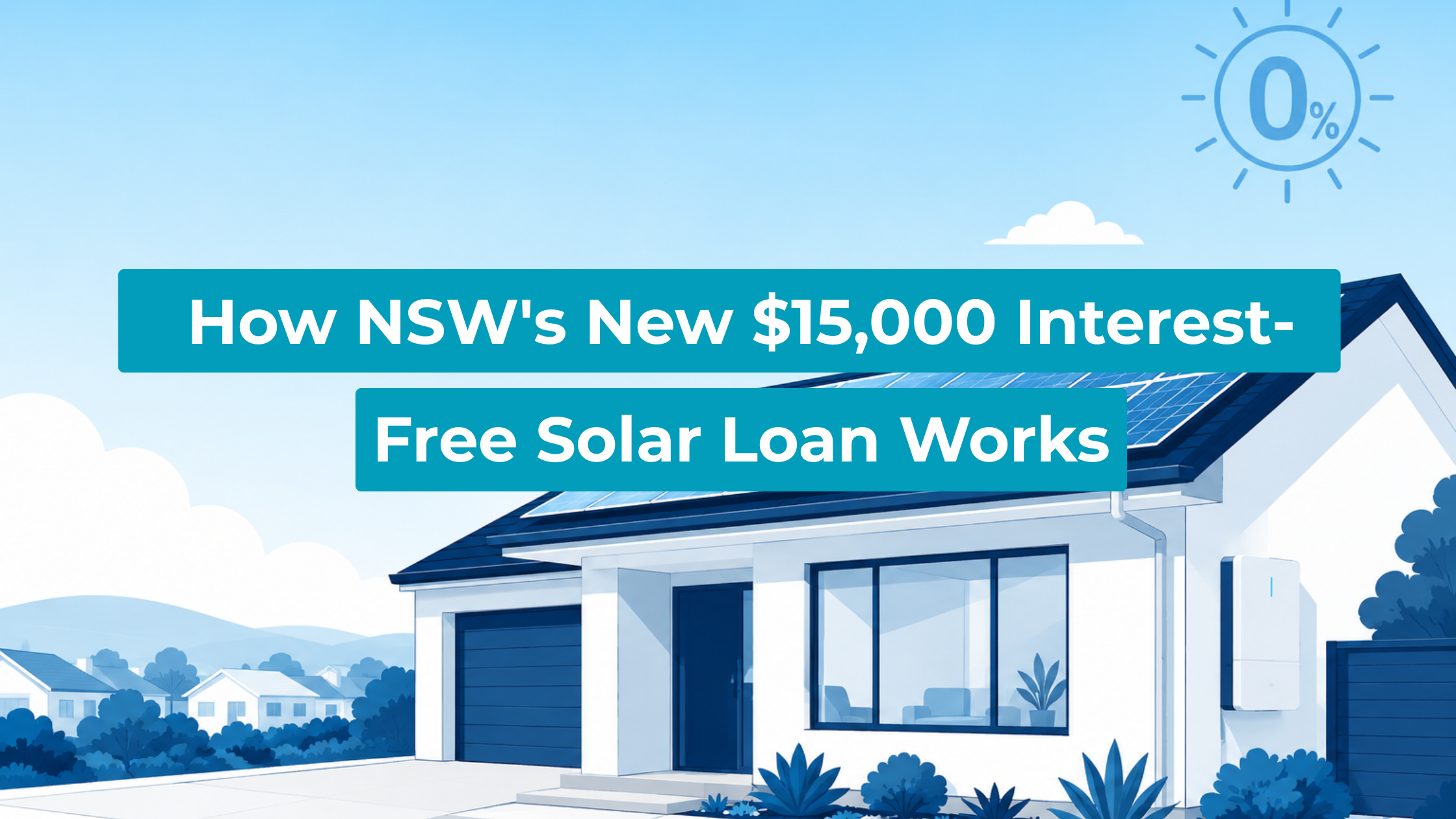 Illustration of a modern Australian home with rooftop solar panels and a wall-mounted home battery, in Lenergy's navy and sky blue palette.