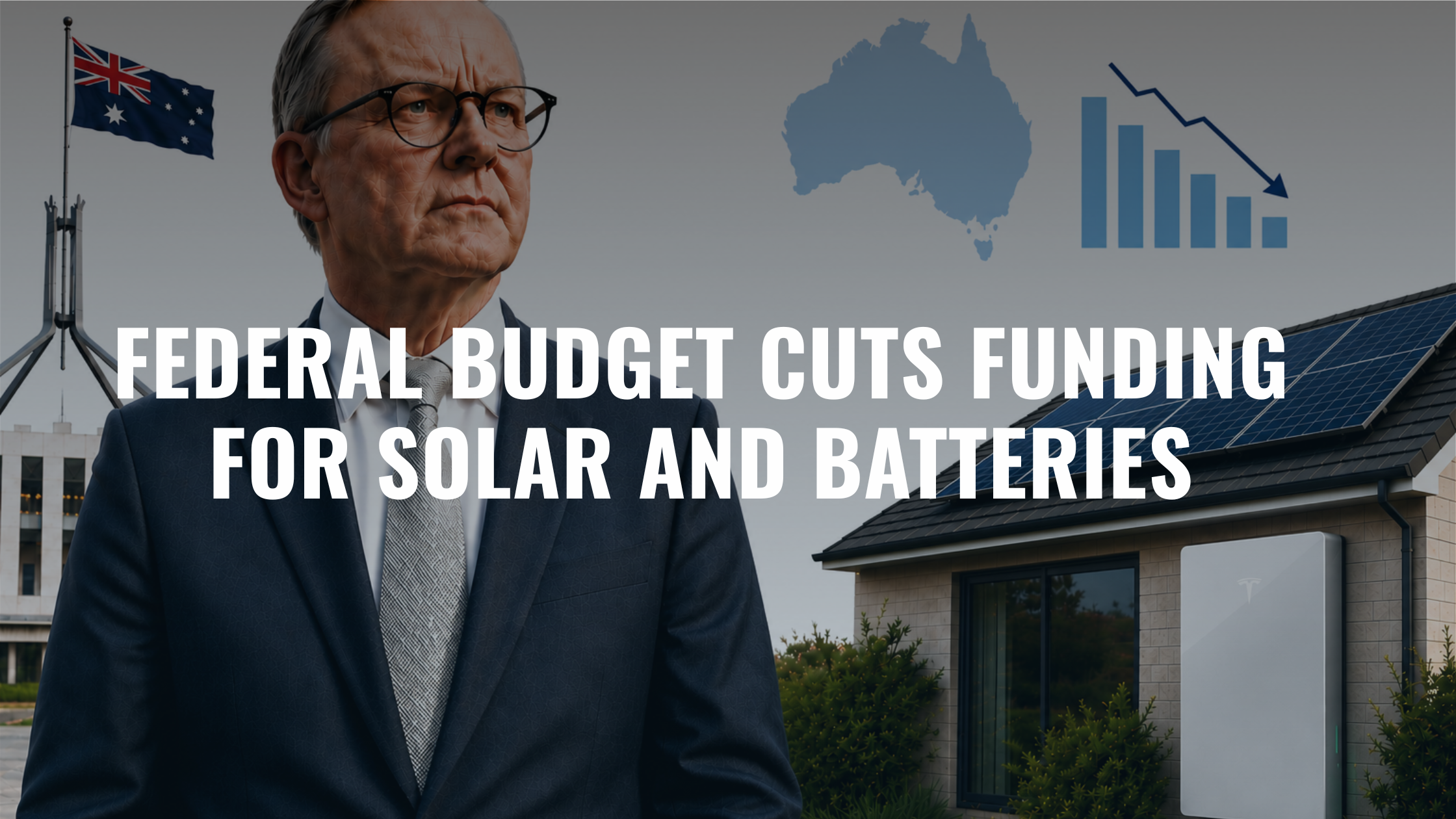 Editorial-style image of Anthony Albanese beside a solar-powered home with Tesla Powerwall 3, Australian flag and declining chart graphic indicating the impact of the federal budget on solar and batteries