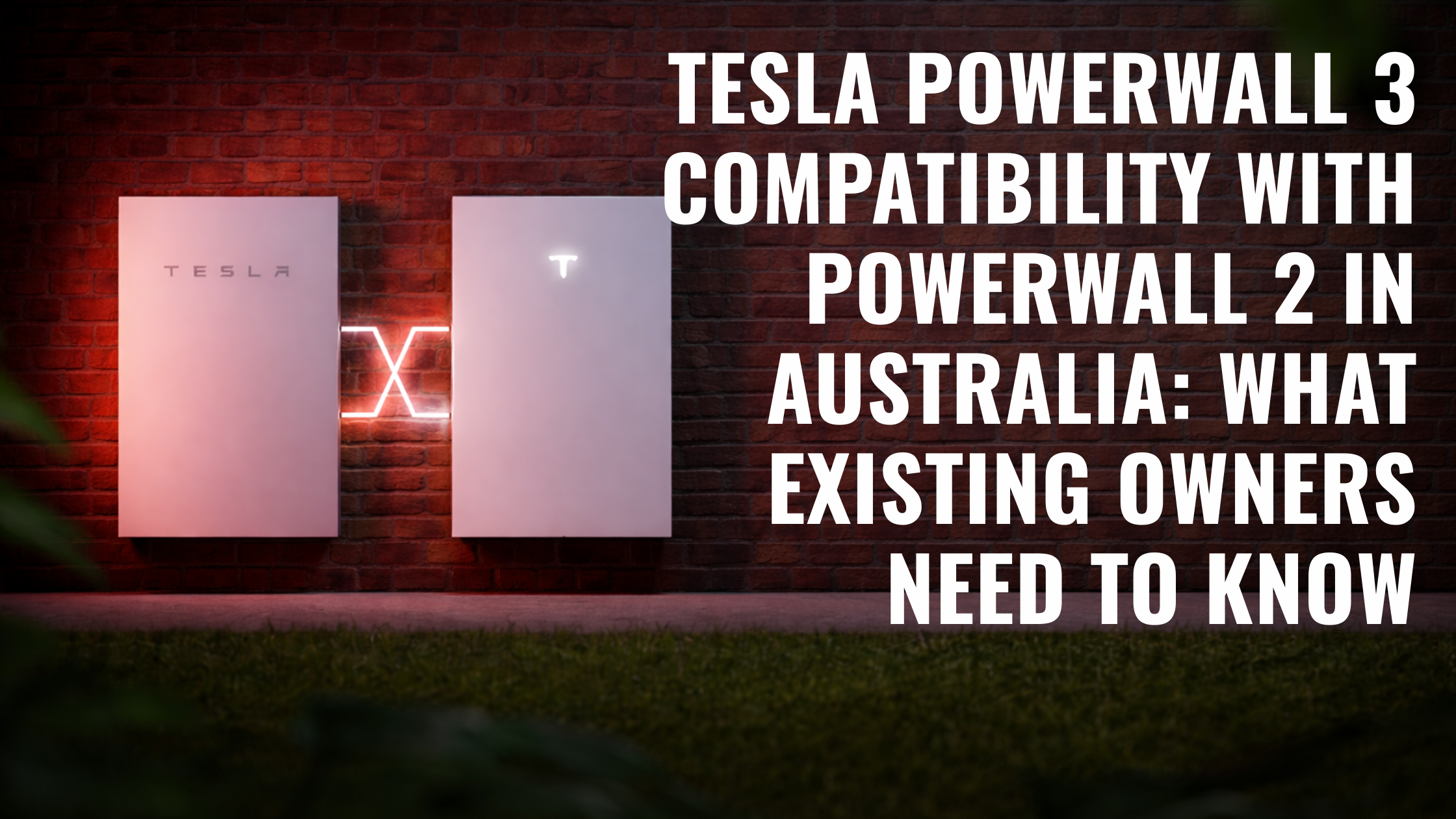 Tesla Powerwall 2 and Powerwall 3 shown on a brick wall with neon sign announcing compatibility coming soon.