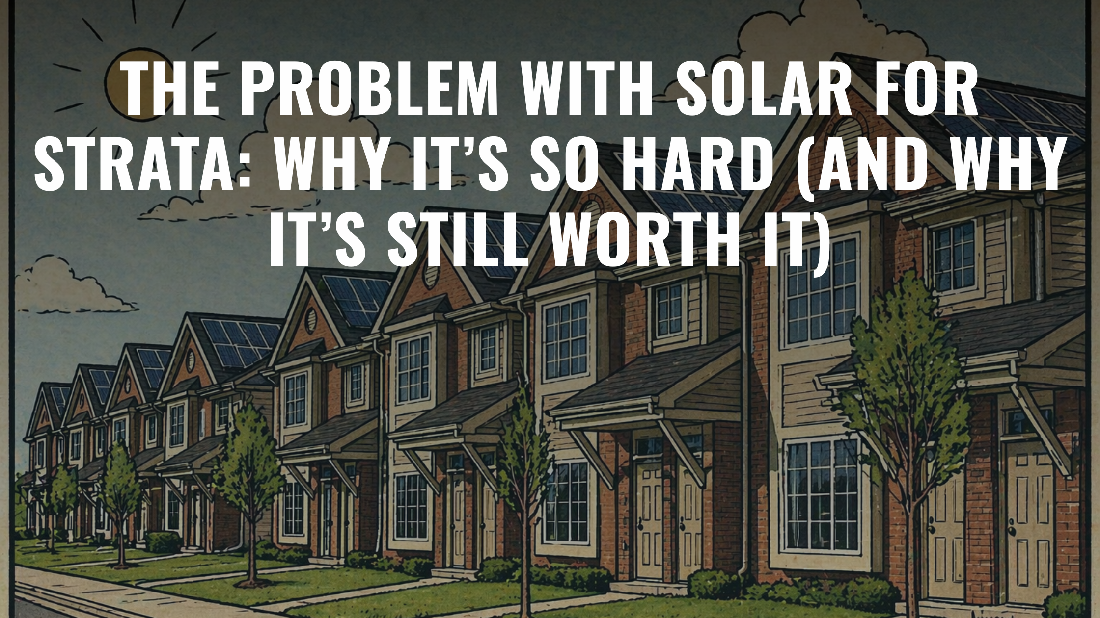 Newspaper-style illustration of a row of townhouses with rooftop solar panels, trees along the street, and a bright sunny sky in a suburban setting