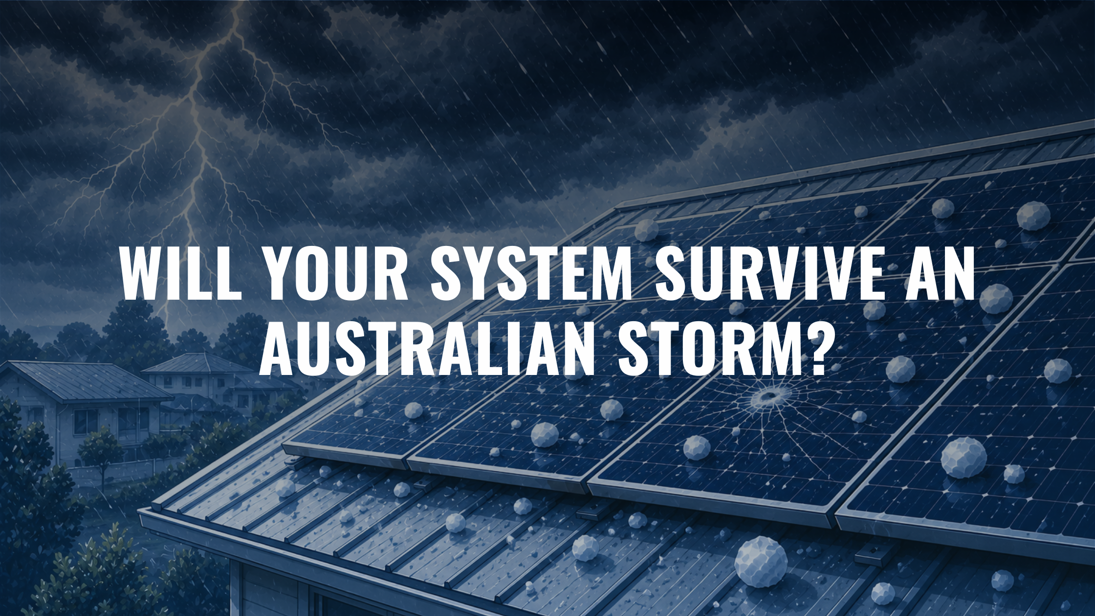 Storm clouds and lightning above rooftop solar panels being struck by large hailstones, with visible panel cracking during severe weather.