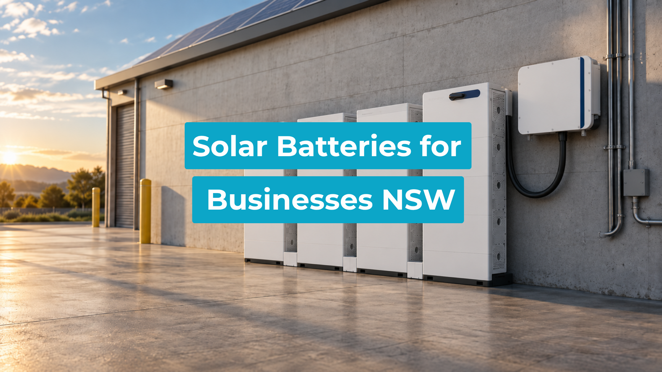 Solar batteries for businesses NSW: modular battery units and inverter installed against a commercial warehouse wall at sunset.
