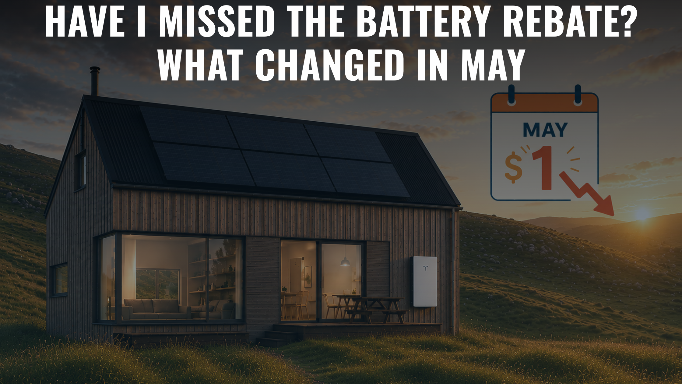 Modern solar-powered home with Tesla Powerwall 3 at sunset and a May 1 calendar graphic showing battery rebate reductions and lower incentives