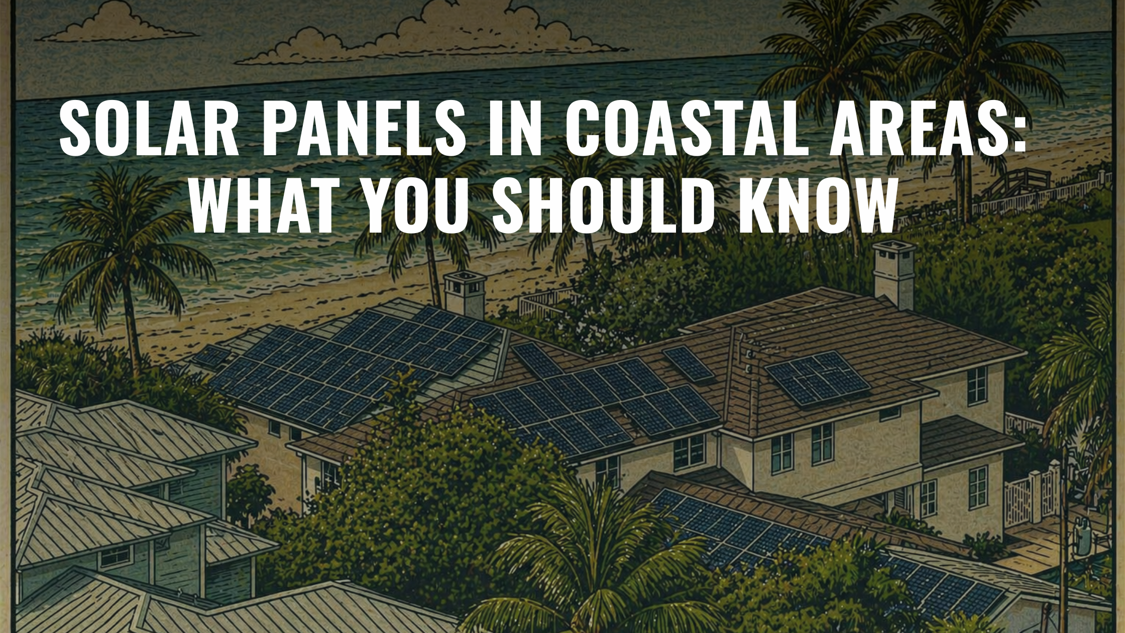 Newspaper-style illustration of coastal homes with rooftop solar panels, surrounded by palm trees, overlooking a beach and ocean under a sunny sky