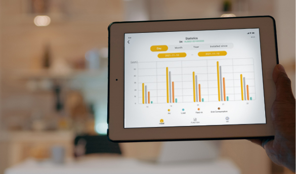 Some is holding an ipad and the ipad is showing a data screen from the AlphaCloud battery app