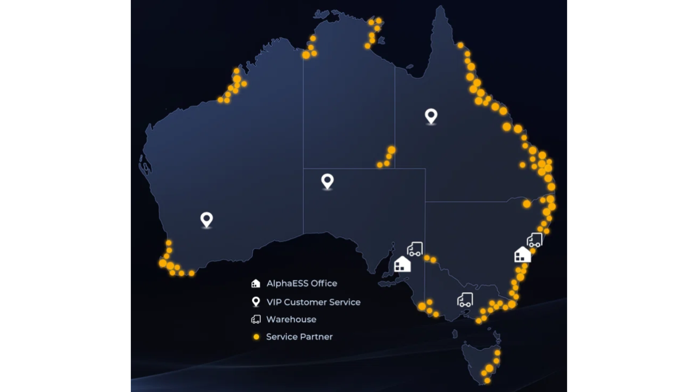 A Map of Australia showing highlighted areas of where Alpha sales and support offices are located on the map.