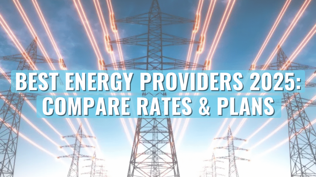 Powerlines distributing electricity with text overlay saying "Best energy providers NSW 2025: Compare Plans & Rates"