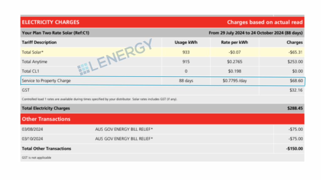 An example electricity bill from Lenergy highlighting the Service to property charge with a Lenergy logo watermark.