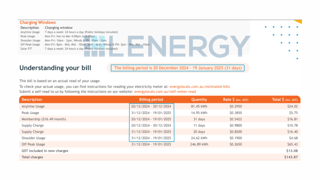 An example electricity bill from Lenergy highlighting the billing period with a Lenergy logo watermark