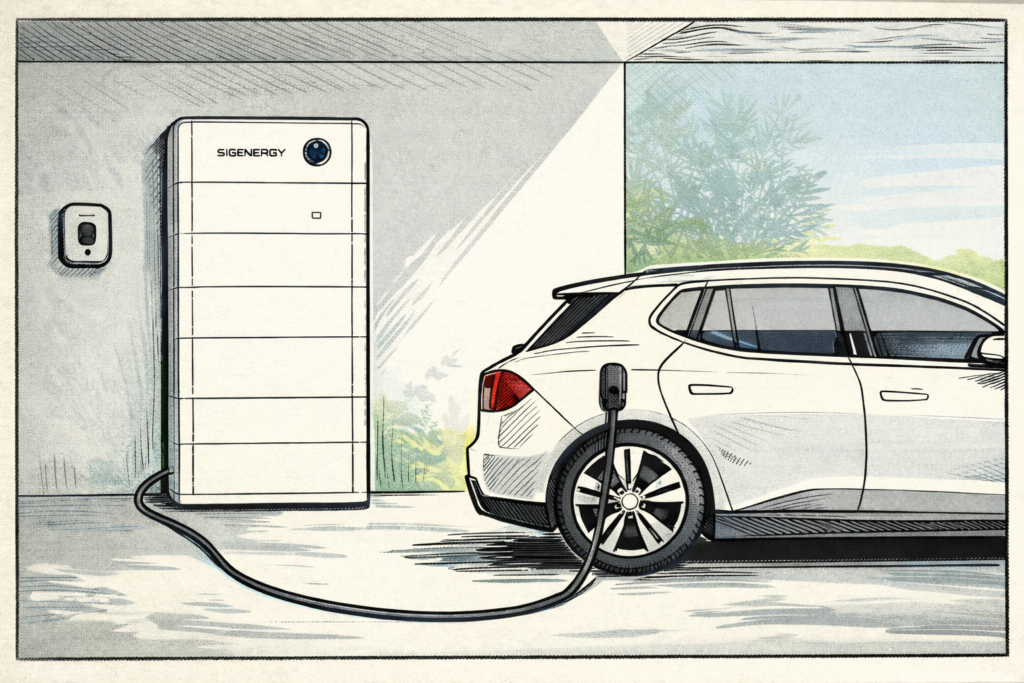 A white electric SUV charging in a garage from a Sigenergy home battery unit, illustrated in a retro editorial style.