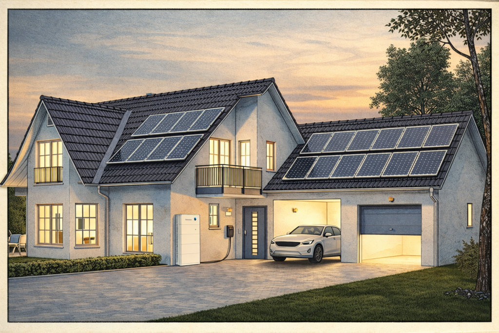 Newspaper-style illustration of a modern home with rooftop solar panels, an EV charging in the garage, and a home battery system at dusk