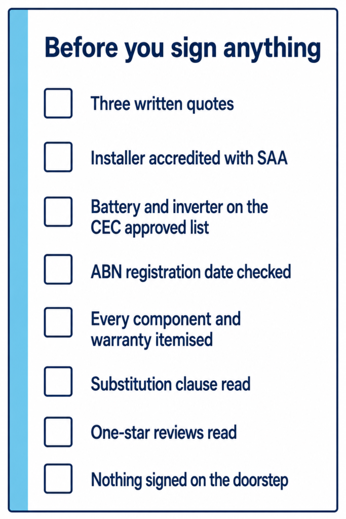 Checklist card listing eight things to verify on a home battery quote before signing, including SAA accreditation.