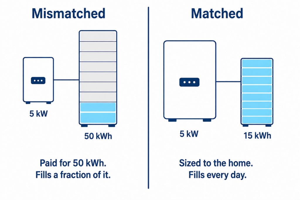 Split diagram showing a 5 kW inverter filling only part of a 50 kWh battery beside a correctly matched system.