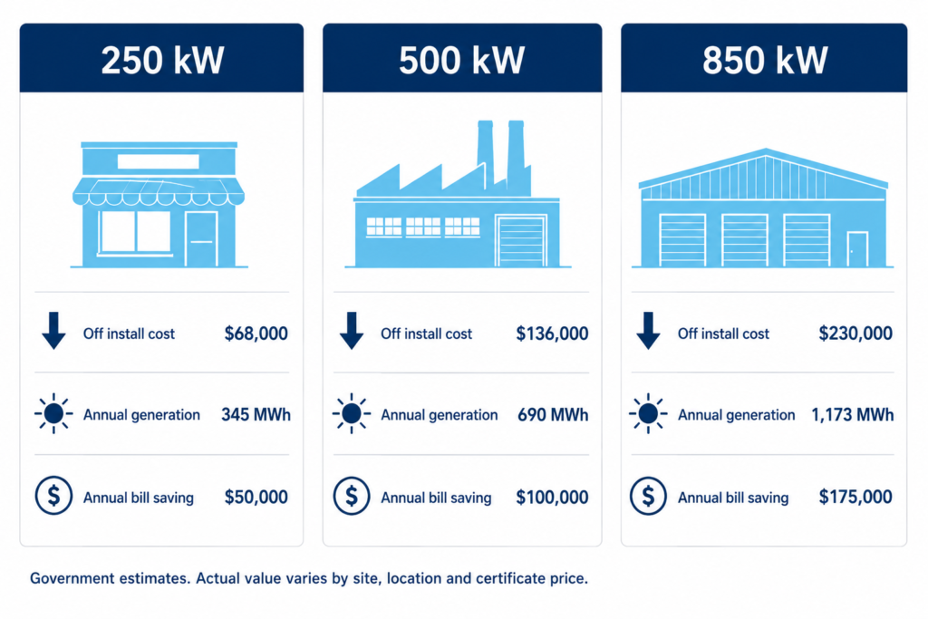 Estimated discount, annual generation and bill savings for 250 kW, 500 kW and 850 kW solar systems