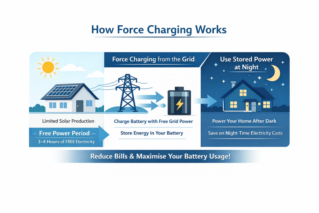 an illustration showing how homeowners with limited solar production can charge their battery from the grid during a 3–4 hour free electricity window, helping offset nighttime usage.