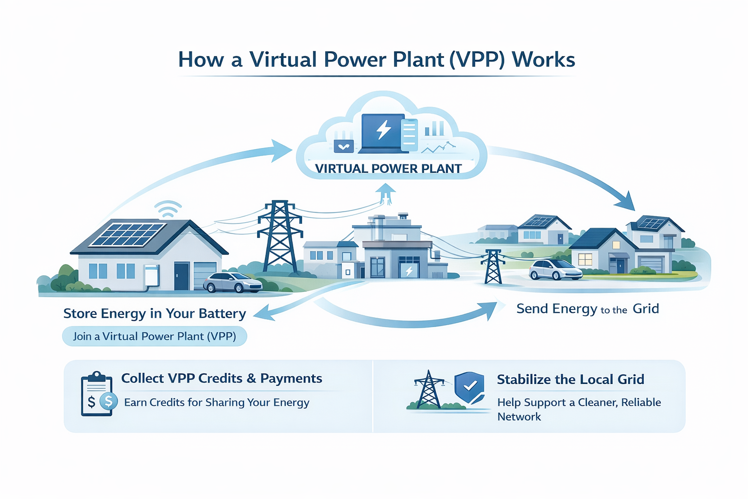 A diagram showing how a virtual power plant words from household to the grid