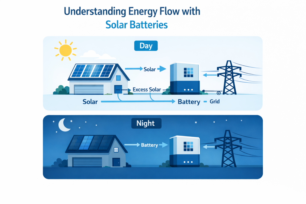 Diagram showing solar battery energy flow during day and night, with solar panels powering a home and charging a battery during the day, and the battery supplying power to the home at night