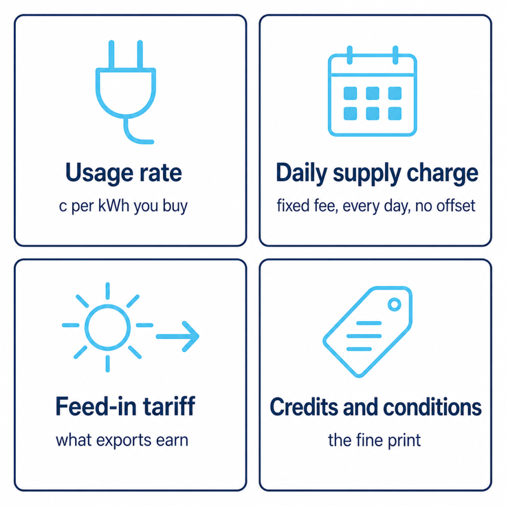 Four bill components to compare when choosing the best electricity retailer: usage rate, supply charge, feed-in tariff and credits