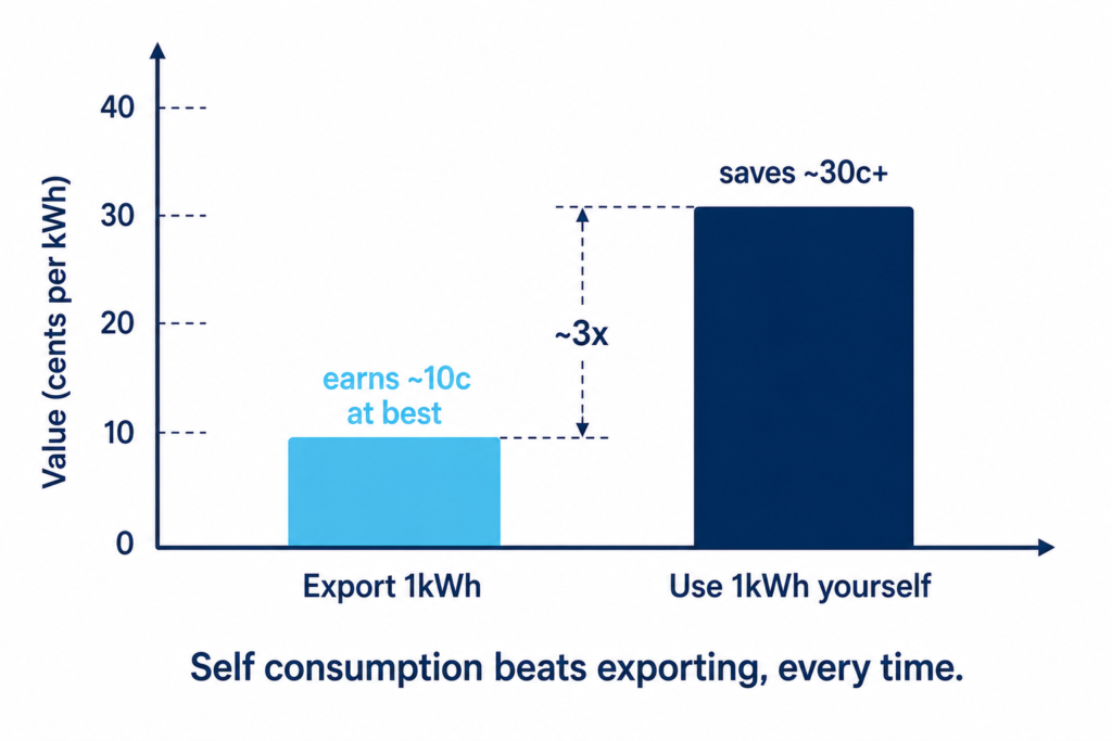 Bar chart comparing 10 cent solar export earnings with 30 cent self consumption savings per kilowatt hour