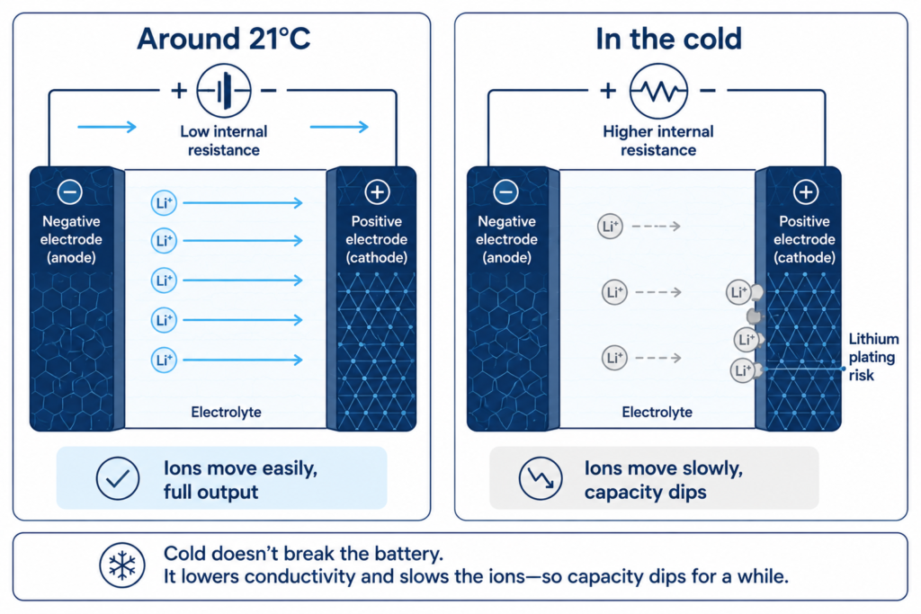 Diagram comparing lithium ion movement in a battery cell at 21 degrees, where ions move easily, versus in the cold, where they move slowly with higher resistance.
