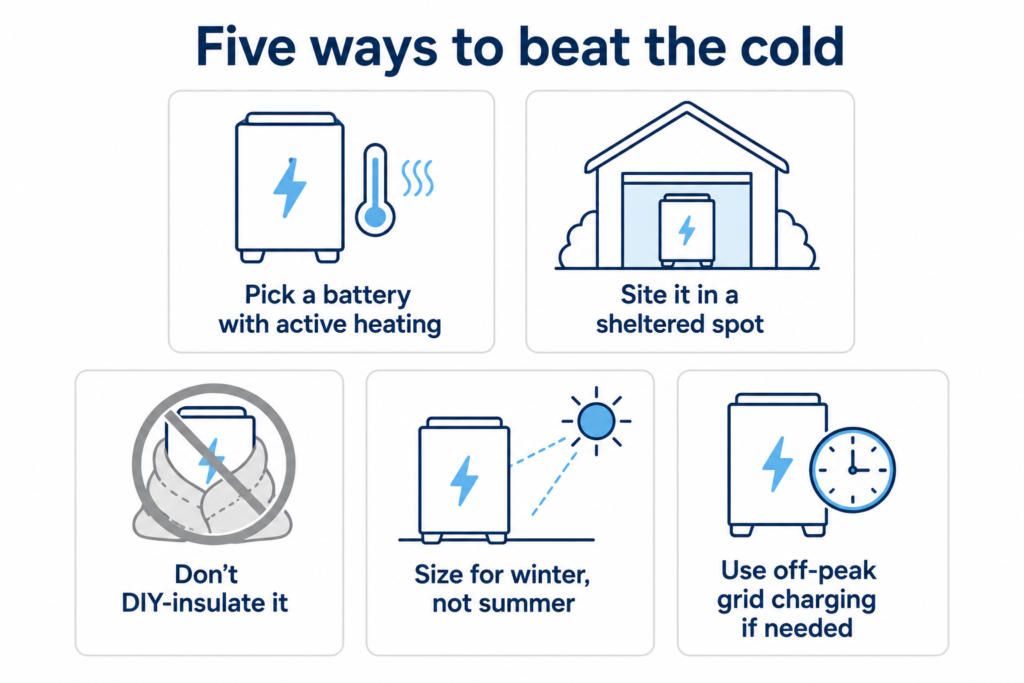 Icon grid of five ways to protect a solar battery in cold weather: active heating, sheltered siting, no DIY insulation, winter sizing, off-peak charging.