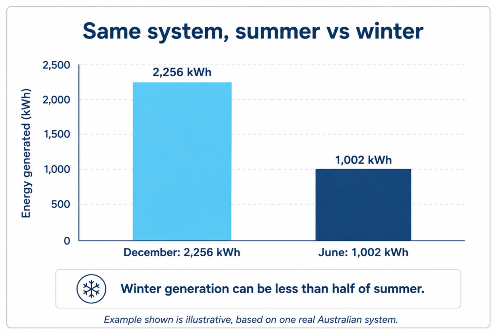 Bar chart comparing one solar system's output, 2,256 kWh in December against 1,002 kWh in June, less than half.