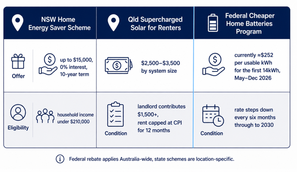 Comparison table of the NSW Home Energy Saver Scheme, Queensland's Supercharged Solar for Renters rebate, and the federal Cheaper Home Batteries Program for landlords