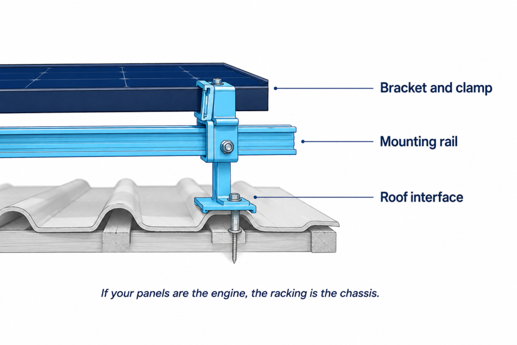 Side-on cross-section of a solar panel roof mount showing labelled mounting rail, bracket and clamp, and roof interface with caption explaining racking.