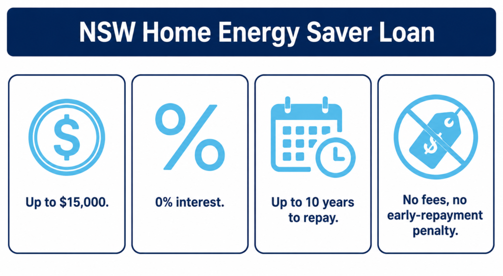Icon grid showing the NSW Home Energy Saver loan: up to $15,000, 0% interest, up to 10 years, no fees.