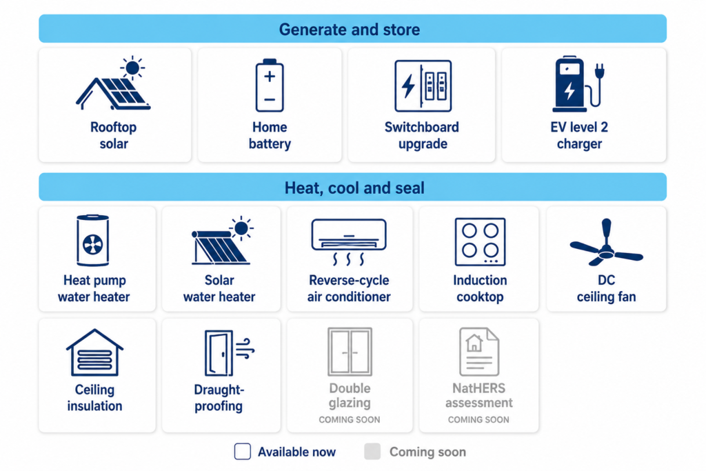 Icon grid of the 13 upgrades the NSW Home Energy Saver loan covers, from rooftop solar and batteries to insulation.