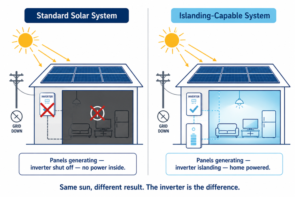 Split-panel diagram comparing a standard solar system and an islanding-capable system during a blackout, showing one home without power and the other operating normally.