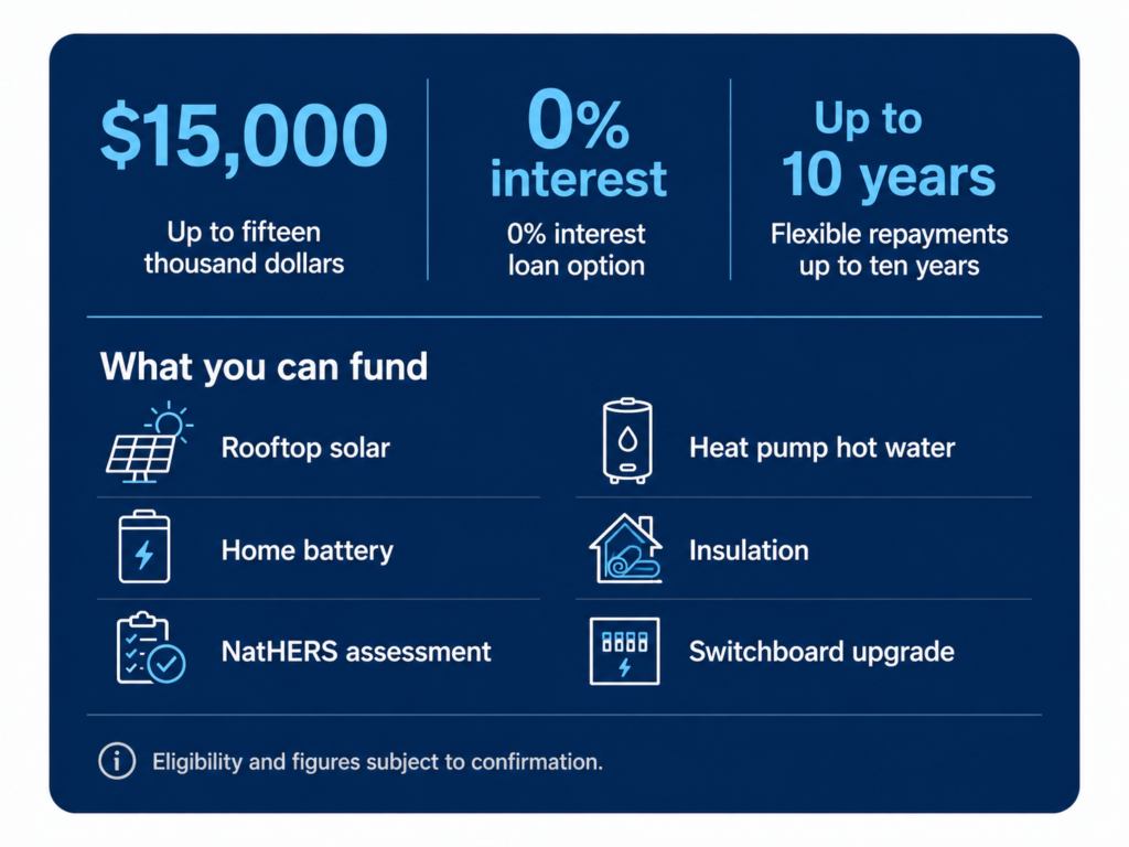 Snapshot of the NSW Home Energy Saver loan: $15,000, 0% interest, 10 years, and eligible upgrades.
