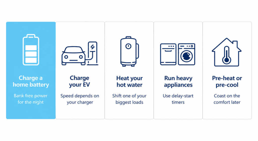 Icon grid of five ways to use free energy hours: battery, EV, hot water, appliances, climate.