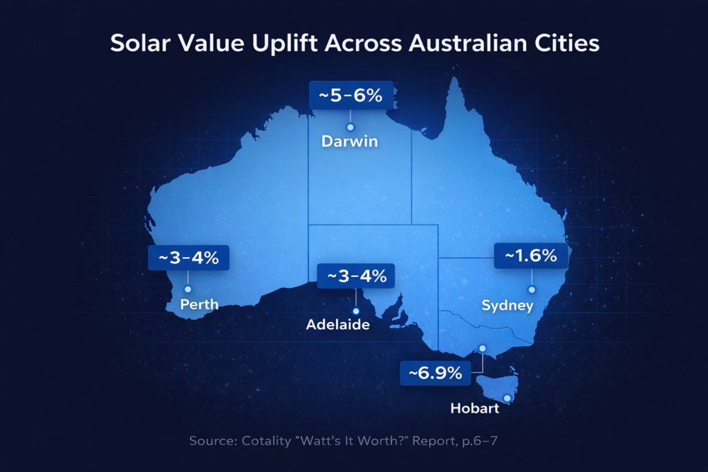 Map of Australia showing solar home value increases by city, including Hobart 6.9%, Darwin 5–6%, Adelaide and Perth 3–4%, and Sydney 1.6%.