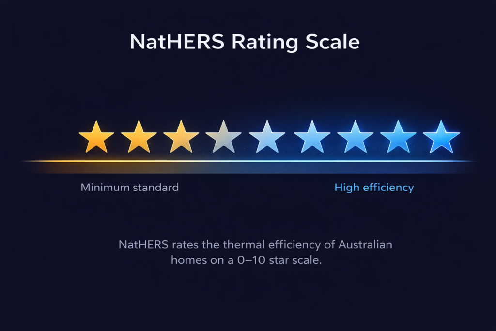 NatHERS star rating scale showing minimum 6-star standard and higher 8-star efficiency for Australian home thermal performance.