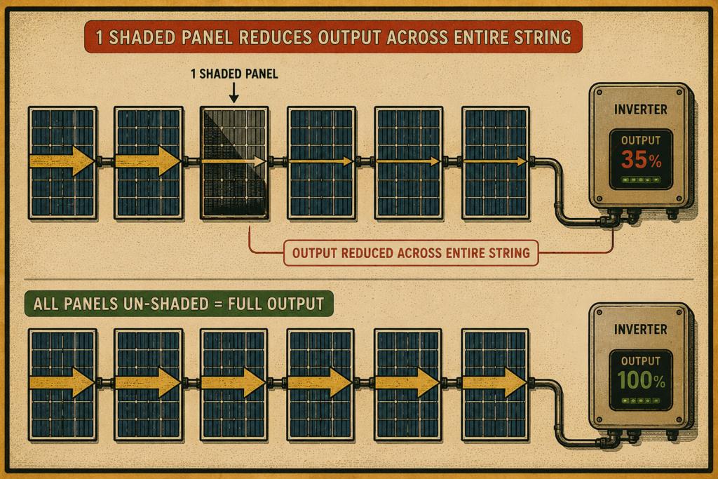 Vintage-style diagram showing how one shaded solar panel reduces output across an entire string compared with fully unshaded panels at full output