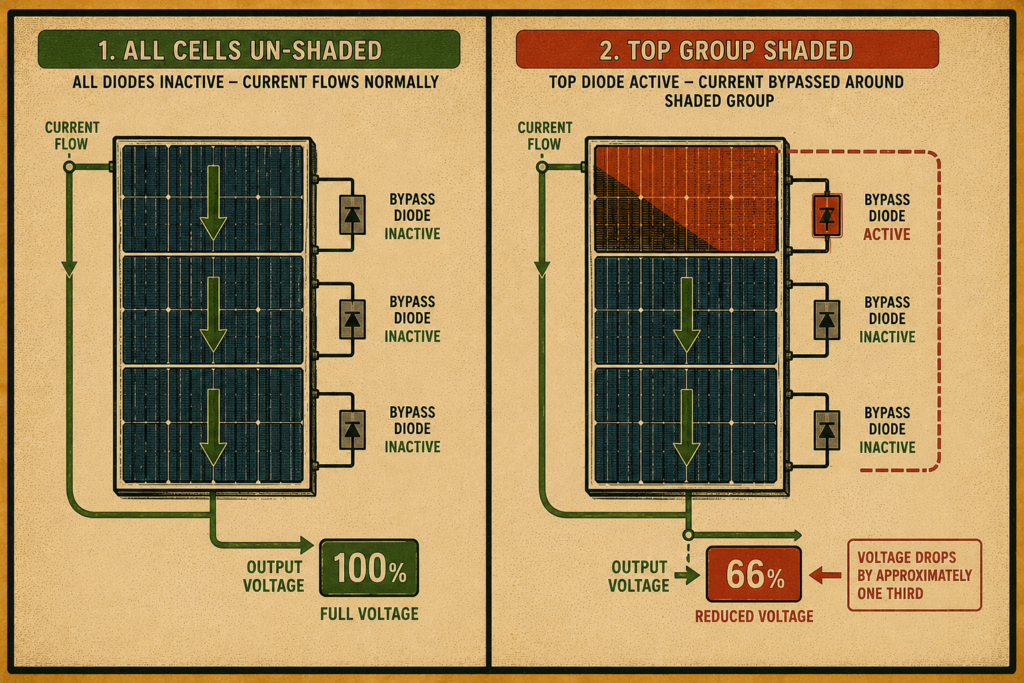 Vintage-style diagram comparing an unshaded solar panel with inactive bypass diodes against a shaded panel with activated bypass diode and reduced voltage