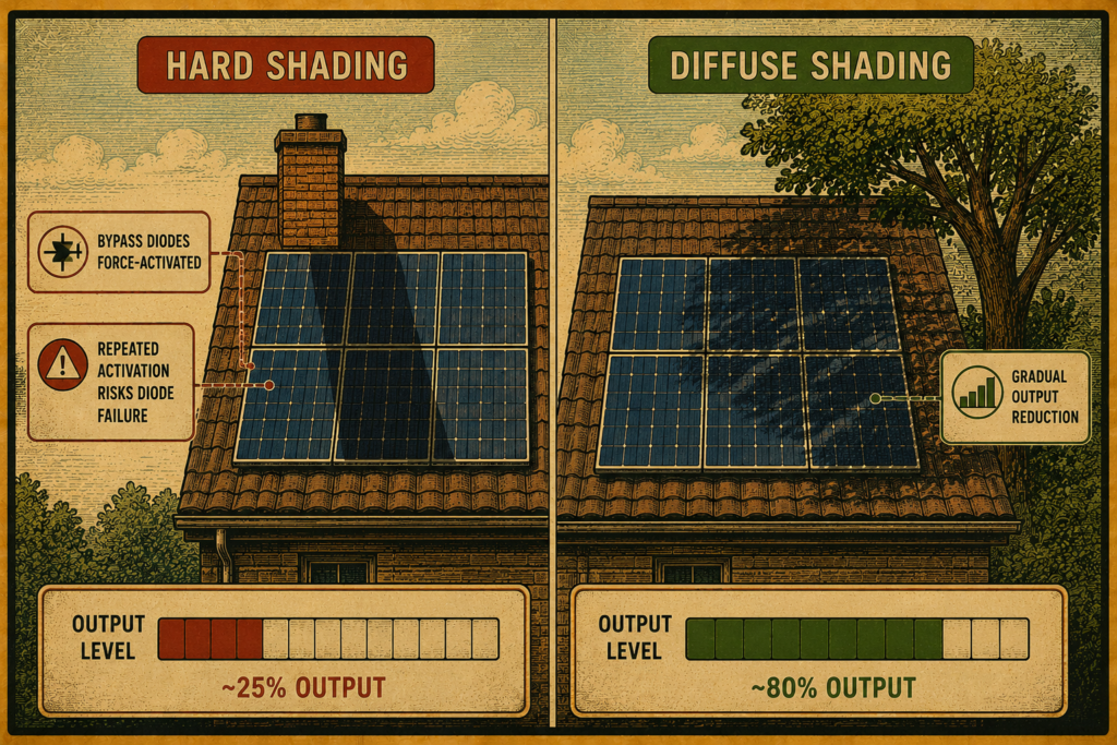 Vintage-style comparison showing hard shading from a chimney versus diffuse tree shading on solar panels and their differing output losses