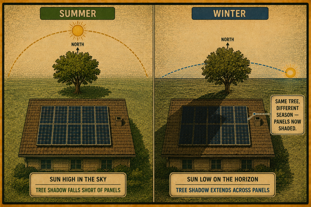 Vintage-style comparison showing how the same tree casts short summer shadows but shades rooftop solar panels heavily during winter months