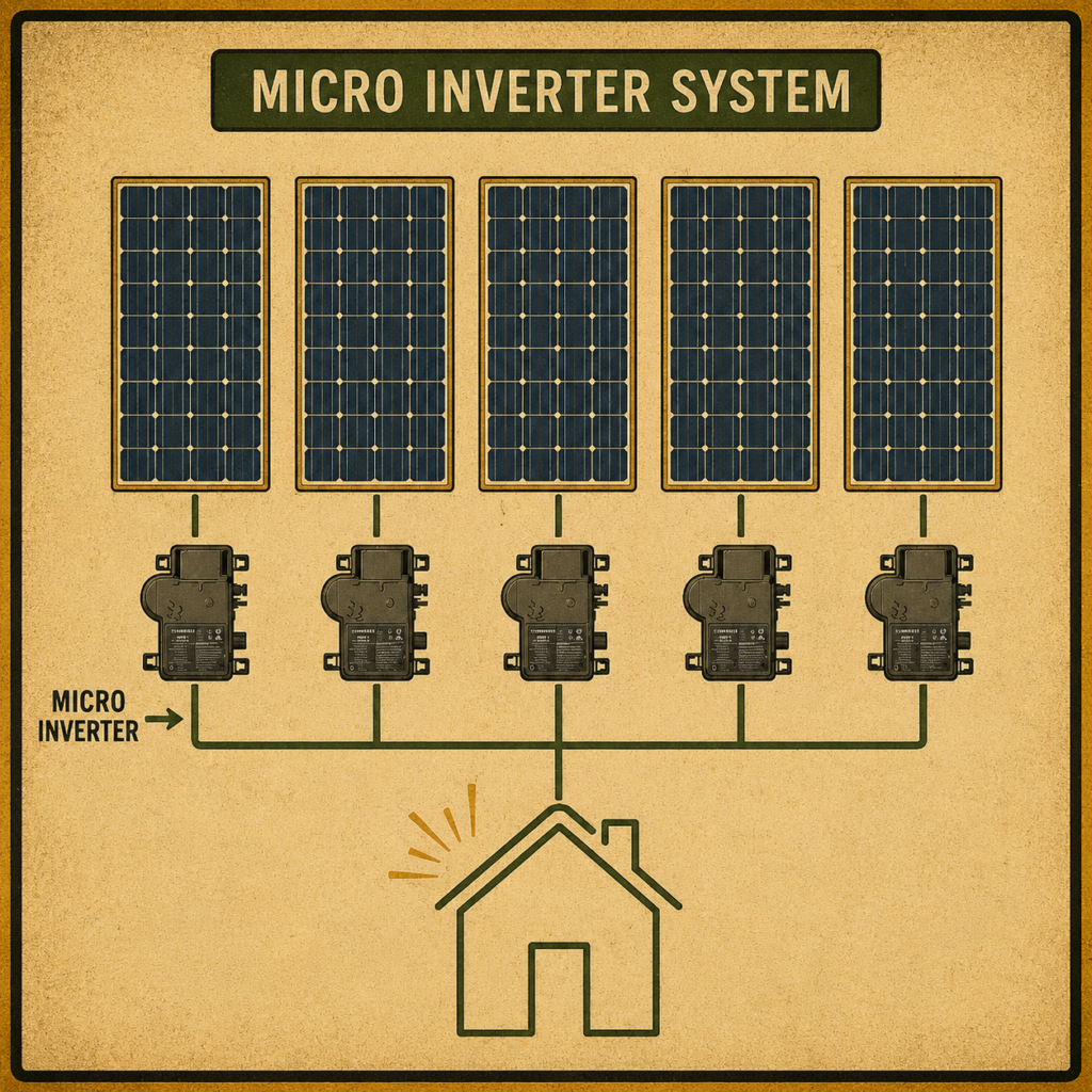 Vintage-style diagram showing a microinverter solar system with individual inverters connected to each panel feeding electricity to a home