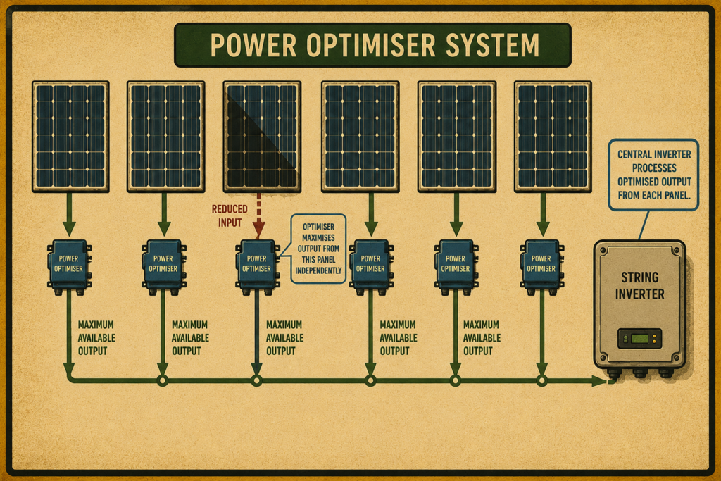 Vintage-style diagram showing solar panels with individual power optimisers feeding into a central string inverter, including one shaded panel setup